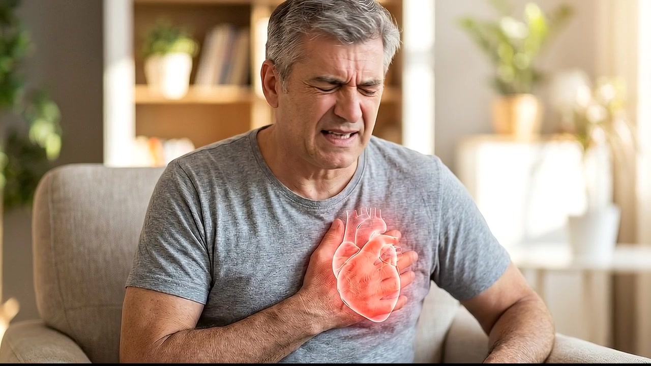 Elderly Man Suffering from Sudden Chest Pain with Glowing Heart Attack Graphic