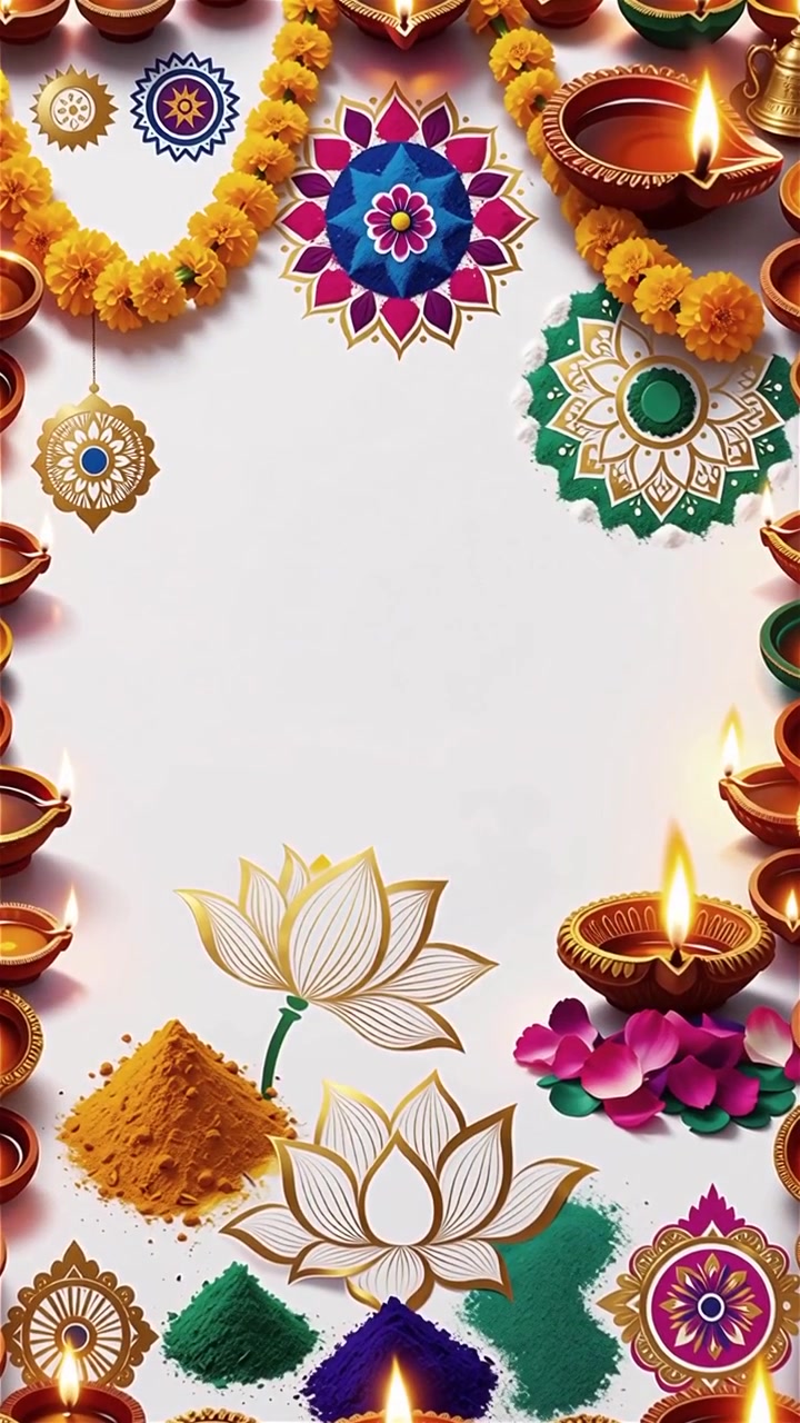 Sfondo Diwali con Diyas luminosi, Rangoli e fiori di loto