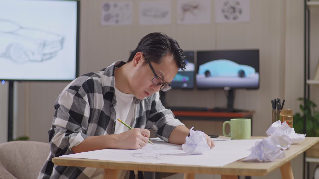 Side View Of Asian Male Crumpling Paper While Working On A Car Design Sketch On Table In The Studio With Tv And Computers Display 3D Electric Car Model