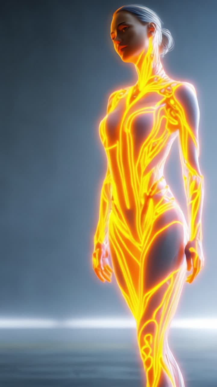Futuristisch mensachtig figuur in een strak wit en gloeiend oranje bodysuit, dat een mix van technologie en kunst uitstraalt in een boeiende digitale scène.