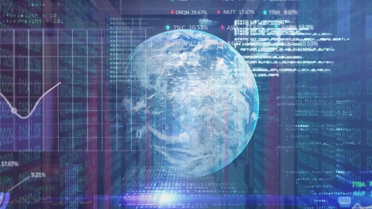 Animation of data processing and globe over server room