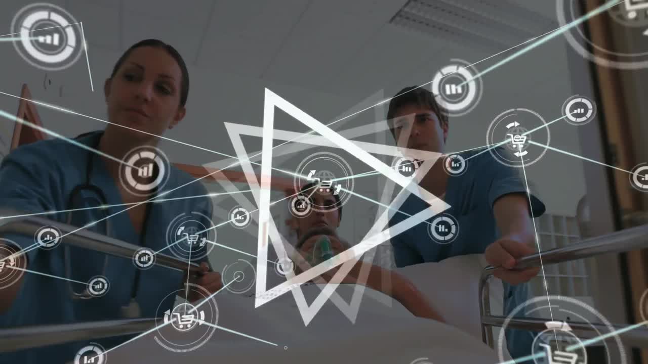 анимация связей между различными женщинами и мужчинами-медиками, тянущими кровать с пациентом.