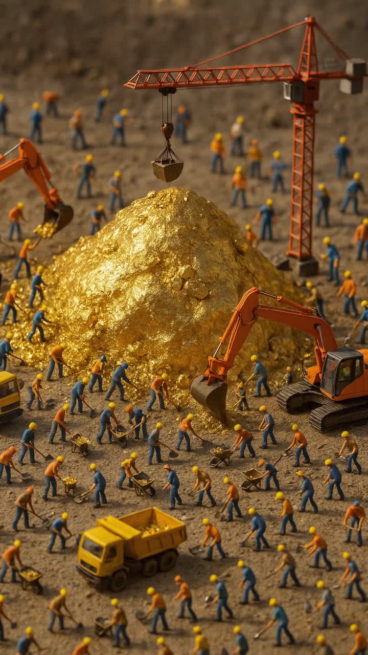 Miniature construction workers diligently extracting a large pile of gold using an excavator, crane, truck, and wheelbarrows within a bustling gold mine scene