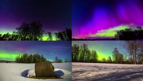 Cuatro-Lapsos-De-Tiempo-Nocturnos-De-Invierno-En-Pantalla-Dividida-Que-Muestran-La-Aurora-Boreal-O-La-Aurora-Boreal