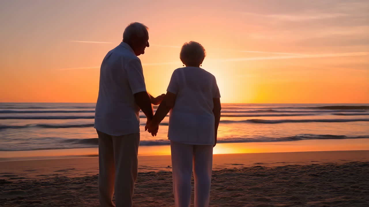 Elderly couple holding hands on the beach at sunset | Premium Stock ...