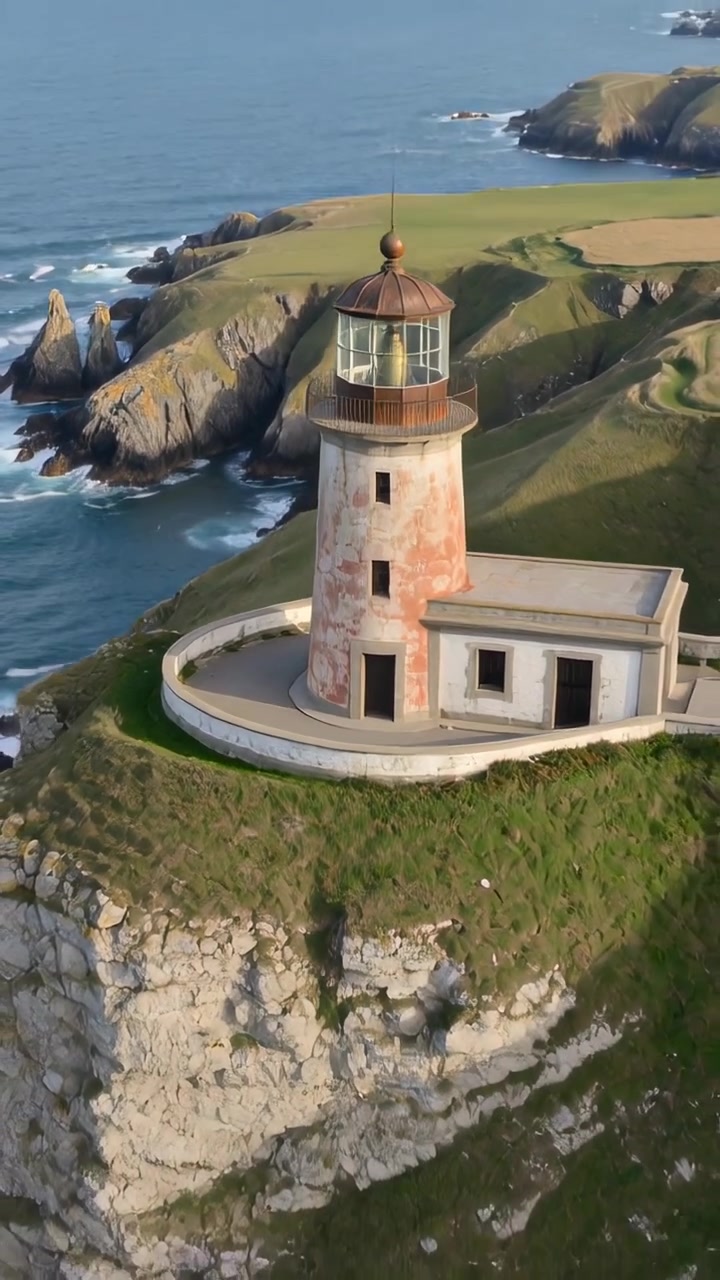 Video verticale: Telecamera drone che si allontana rivelando un faro chiaro su una scogliera, con formazioni rocciose.