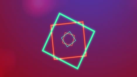 blue and red neon squares moving over purple and red bokeh light