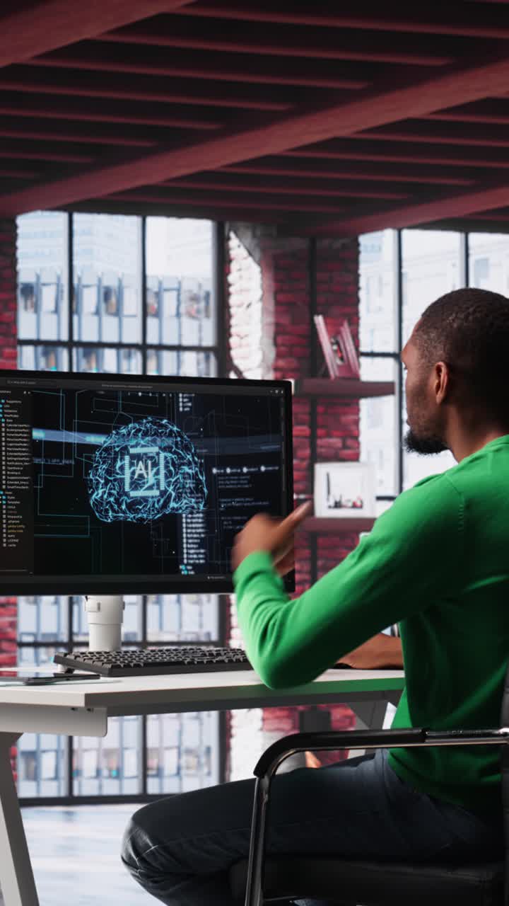 Vertical Video African american technician writes code on AI brain neural network