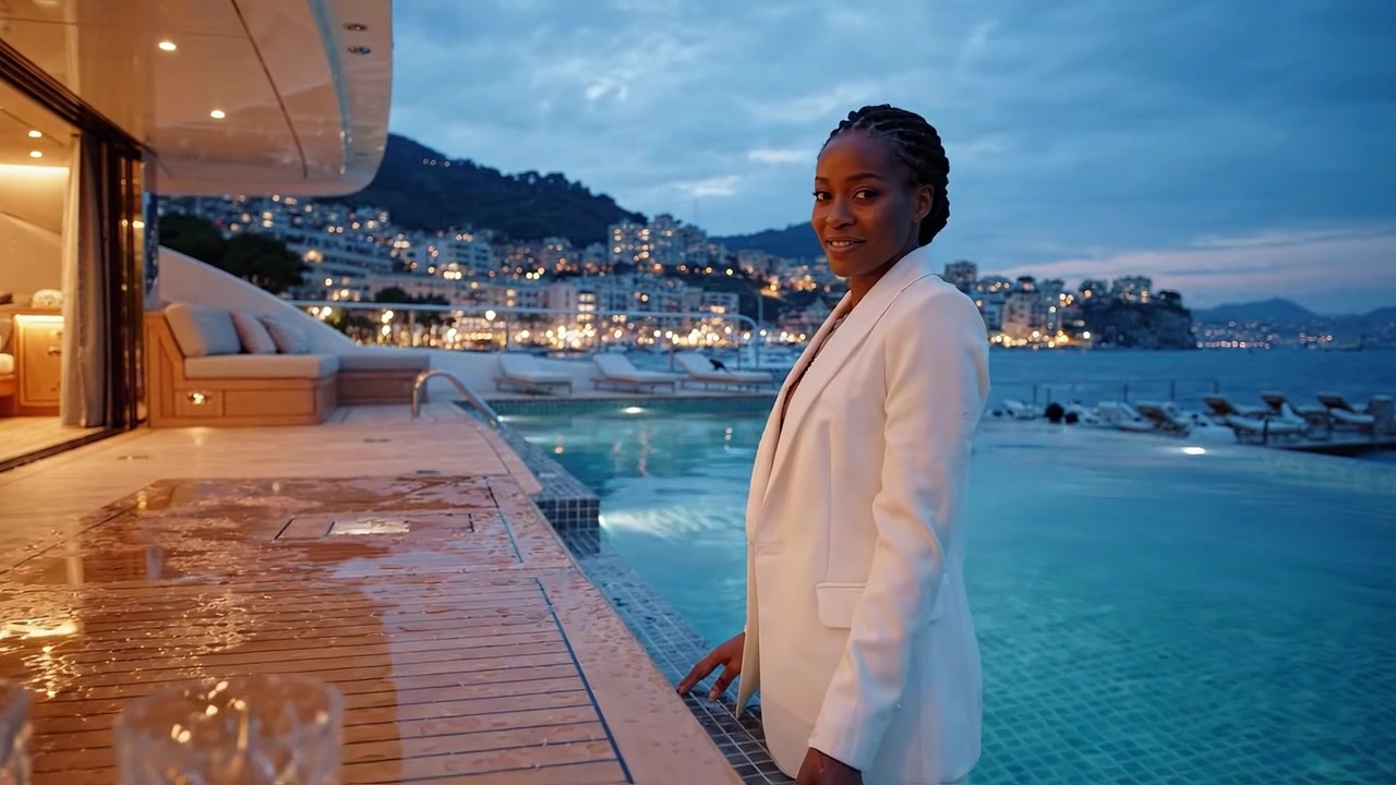 Anspruchsvolle Abendeleganz: Eine Frau in Weiß genießt ein luxuriöses Ambiente am Pool in der Dämmerung mit malerischen Stadtlichtern im Hintergrund