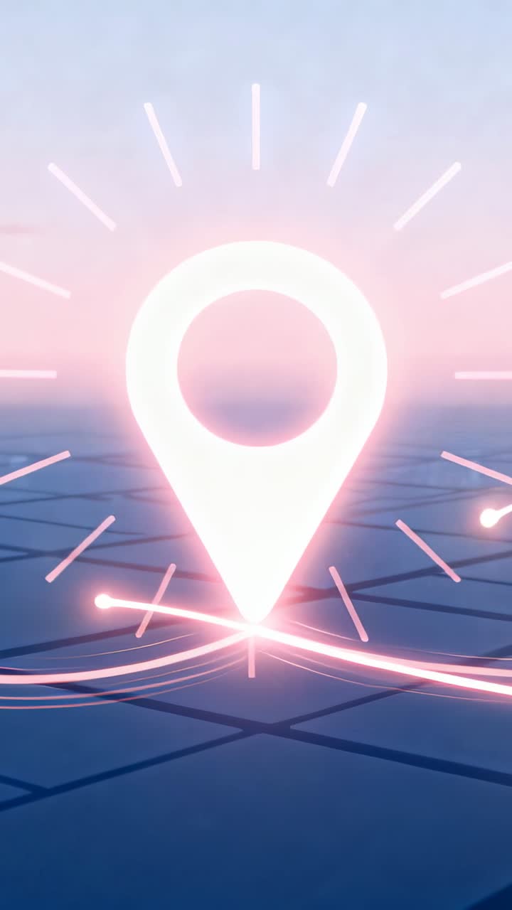 Map-pin pulsing halo sending neon trails across grid, mapping UI highlighting active location