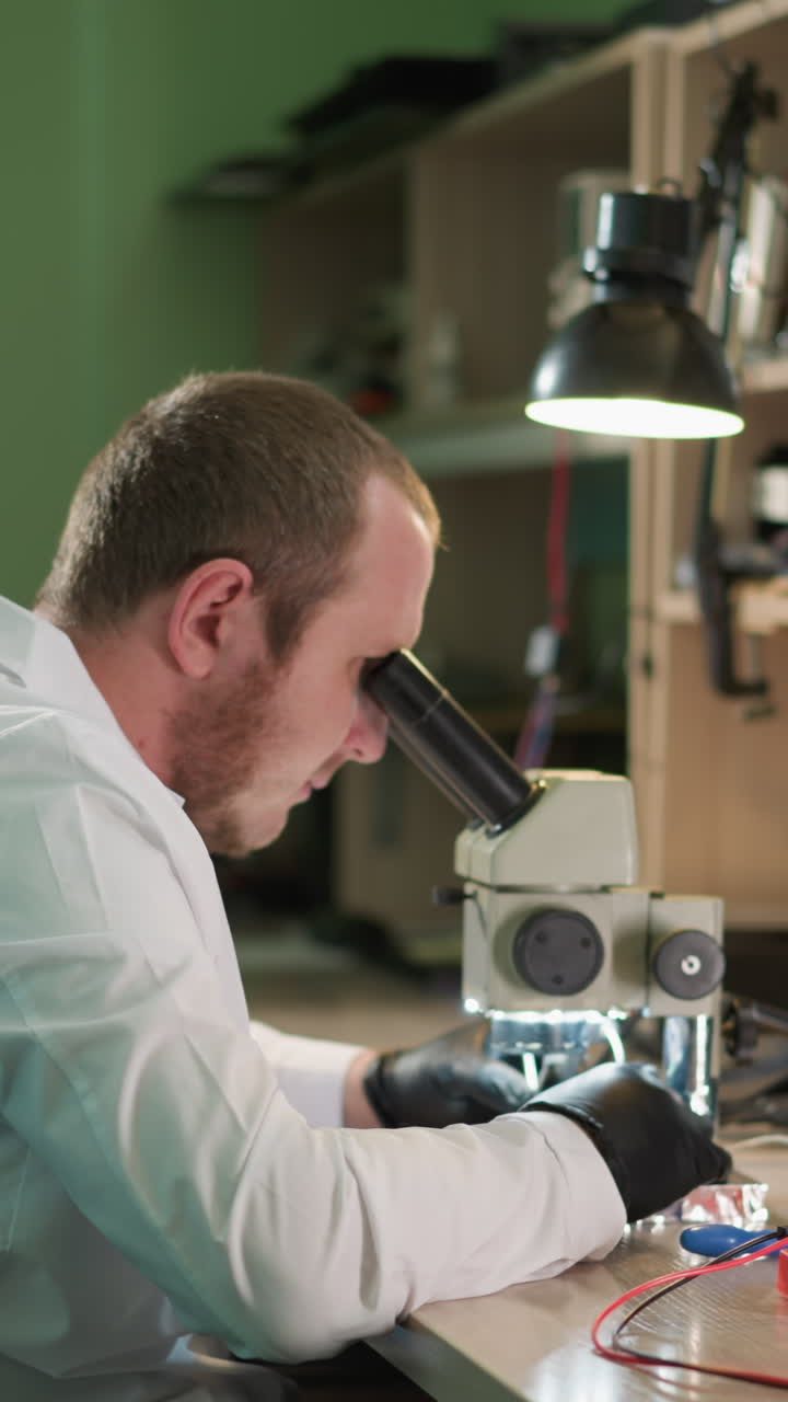 un técnico enfocado en una bata de laboratorio blanca examina algo bajo un microscopio en un entorno de laboratorio, el espacio de trabajo está equipado con instrumentos de trabajo, una lámpara de escritorio