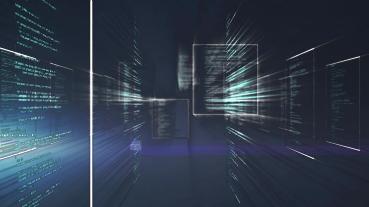 Animation of data processing over black background