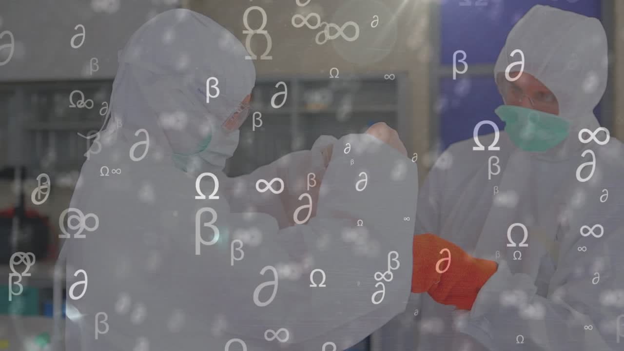 Left labtech bringing pipette drawing green sample for QC as right holding flask and icons drifting