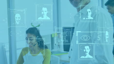 utilizando computadoras en la oficina, diversos trabajadores con animación de reconocimiento facial