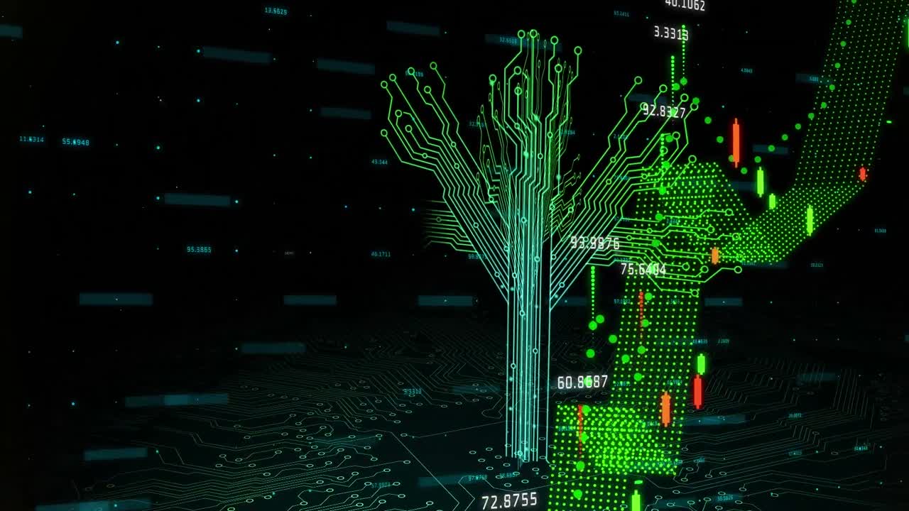 Animation of financial data processing over dark background