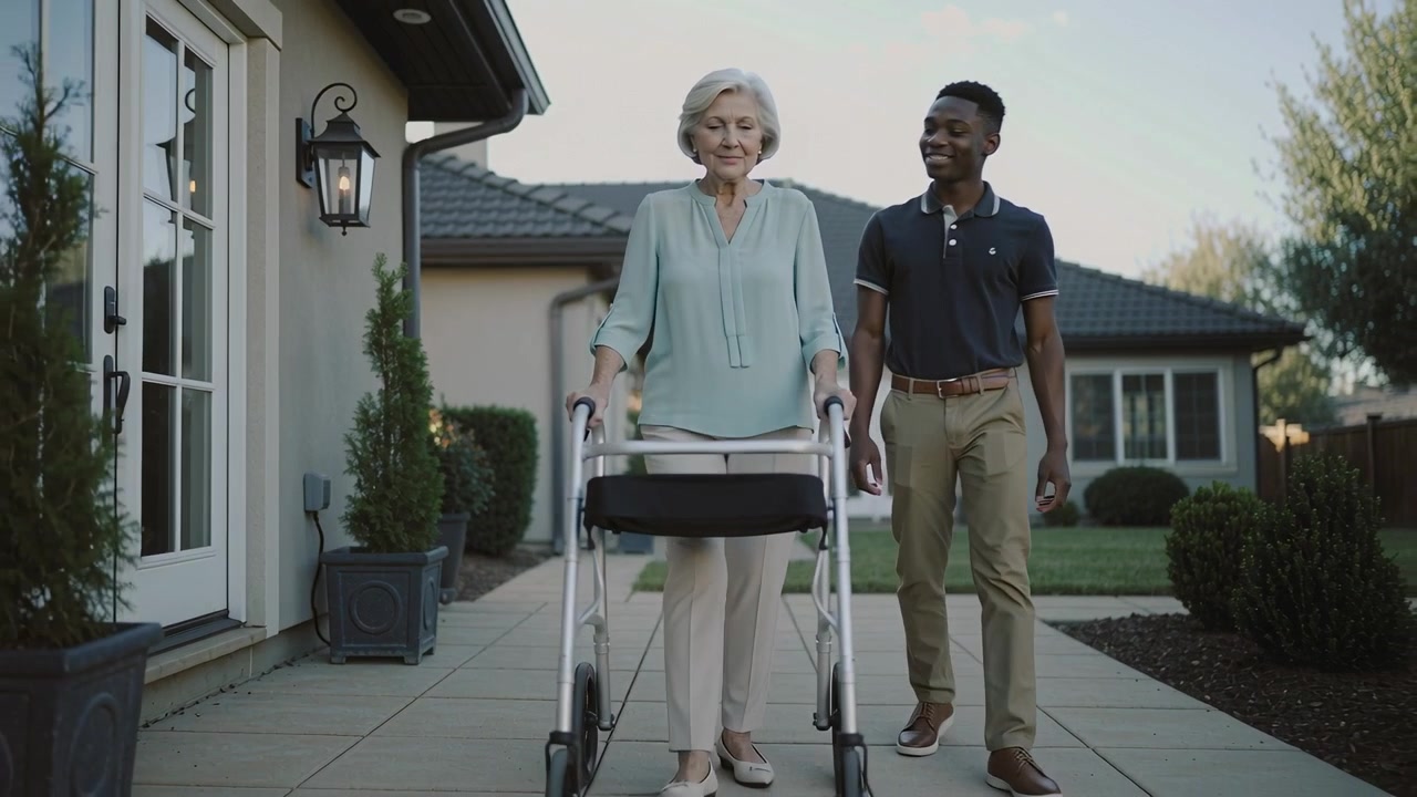 Placing hands on walker, senior woman in blue blouse walking on tiled walkway, man supporting