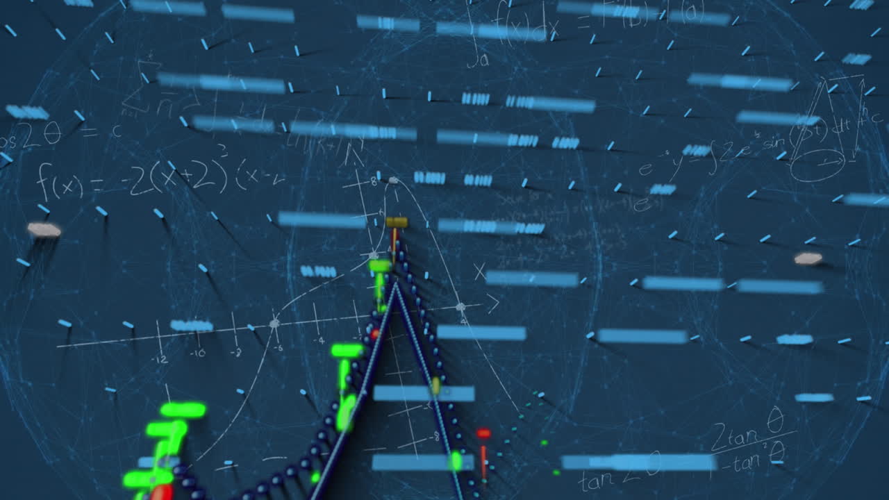 animación de gráficos, globos y fórmulas matemáticas sobre un fondo azul.