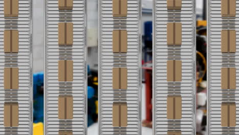 animation of cardboard boxes moving on conveyor belts in warehouse