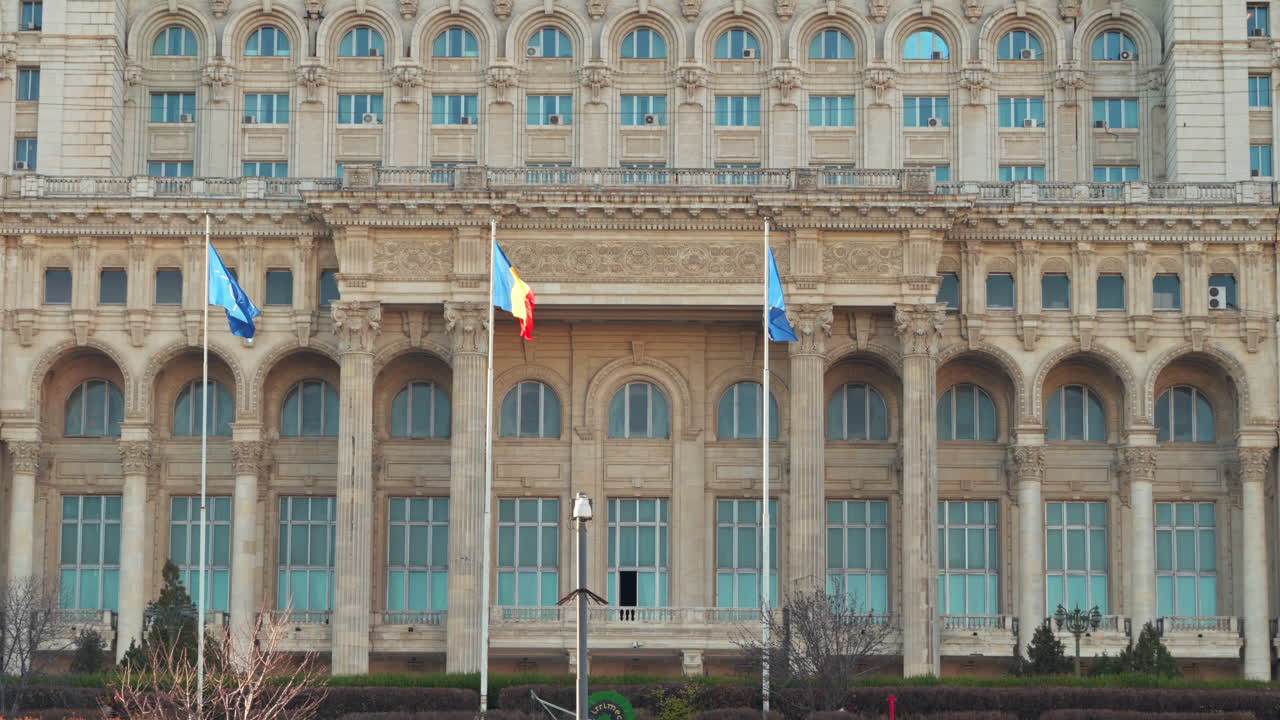 The facade of the Palace of the Parliament building in Bucharest, Romania