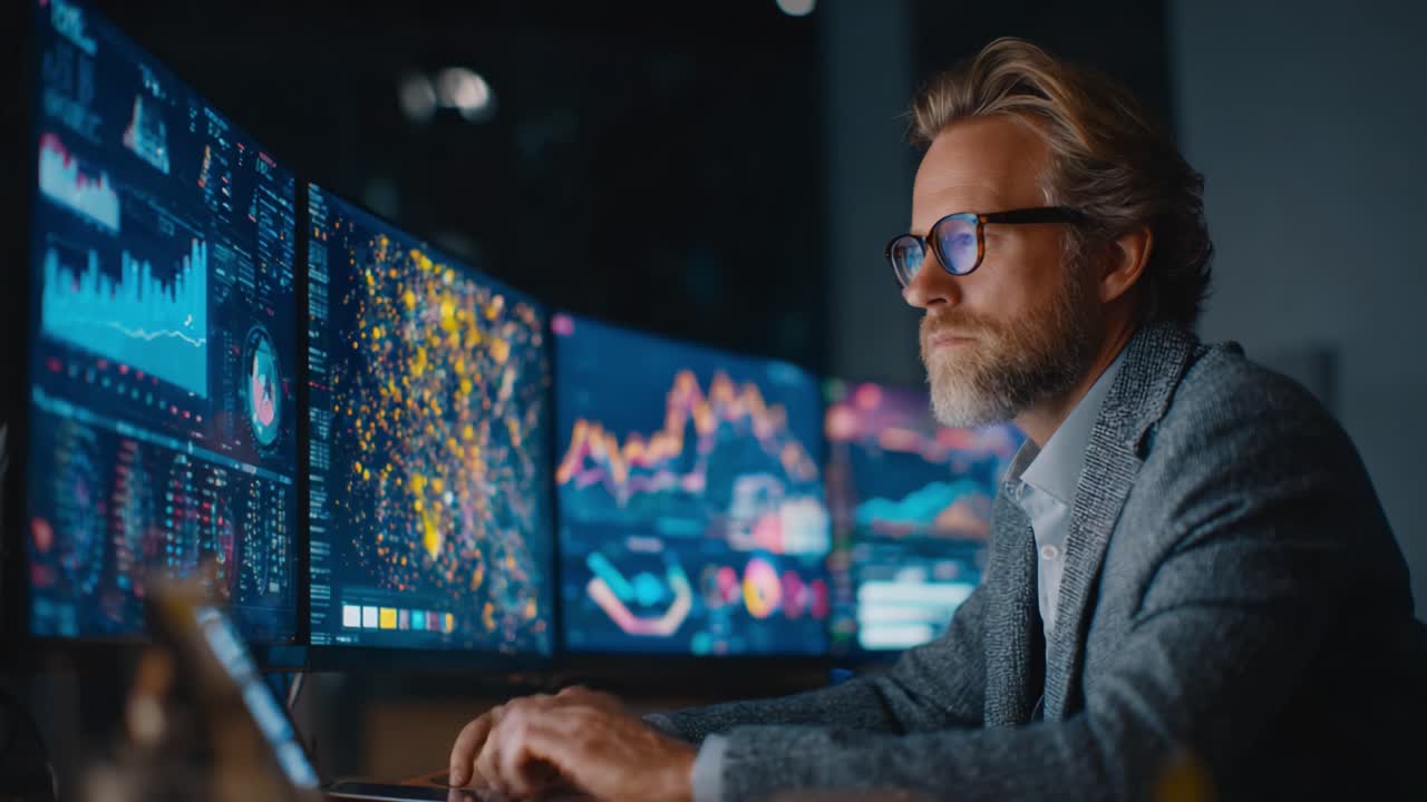 Focused Professional Analyzing Complex Data on Multiple Monitors in a Modern Workspace, Illuminated by the Glow of Dynamic Visual Analytics and Metrics