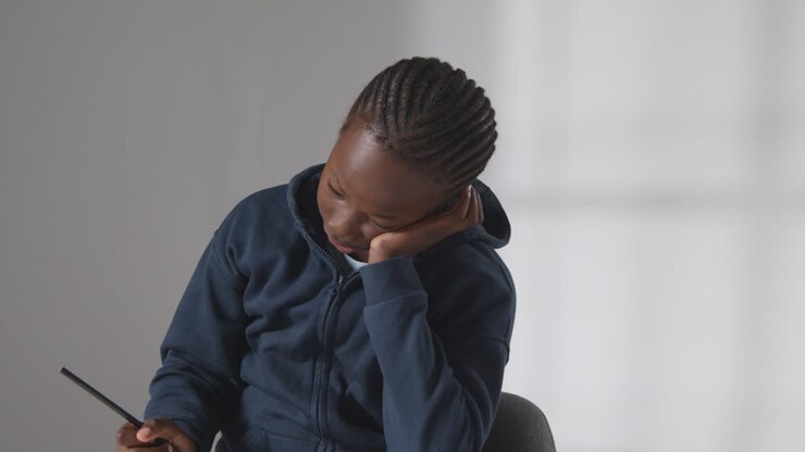 Studio Shot Of Boy At Table Concentrating On Writing In School Book