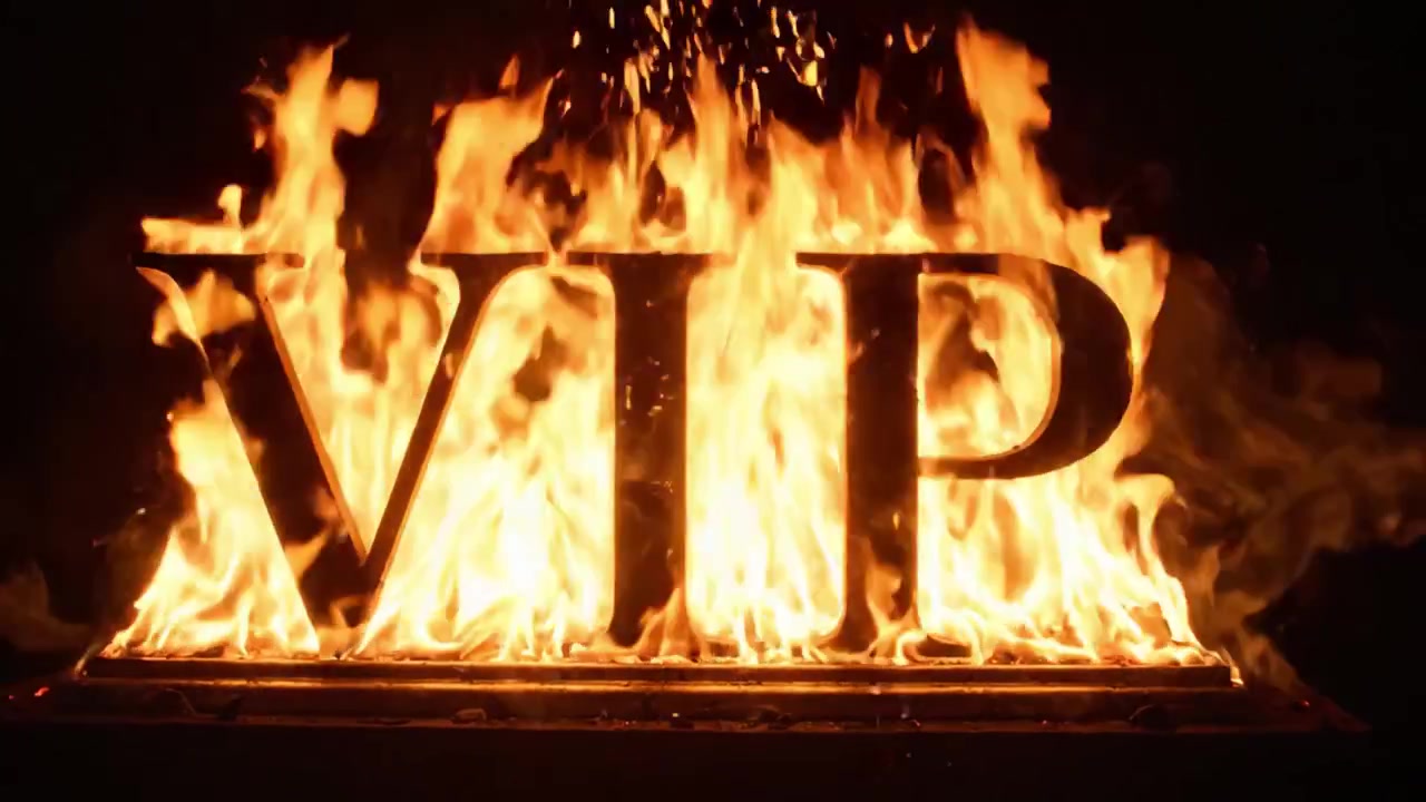 Antænder symbolet på eksklusivitet: Flammende ild omslutter 'VIP' og forvandler stemningen med intens udstråling i to fængslende rammer.