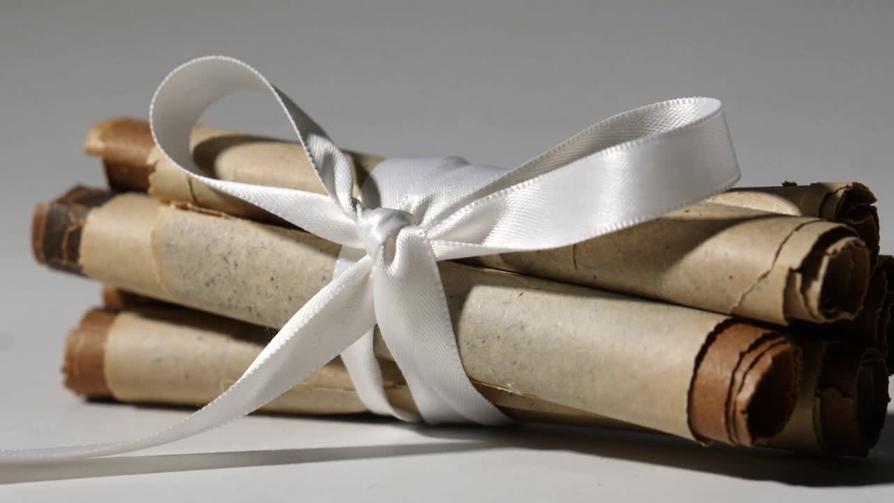 Pulling back camera revealing 3 rolled papers tied with white satin ribbon on table, shadow growing