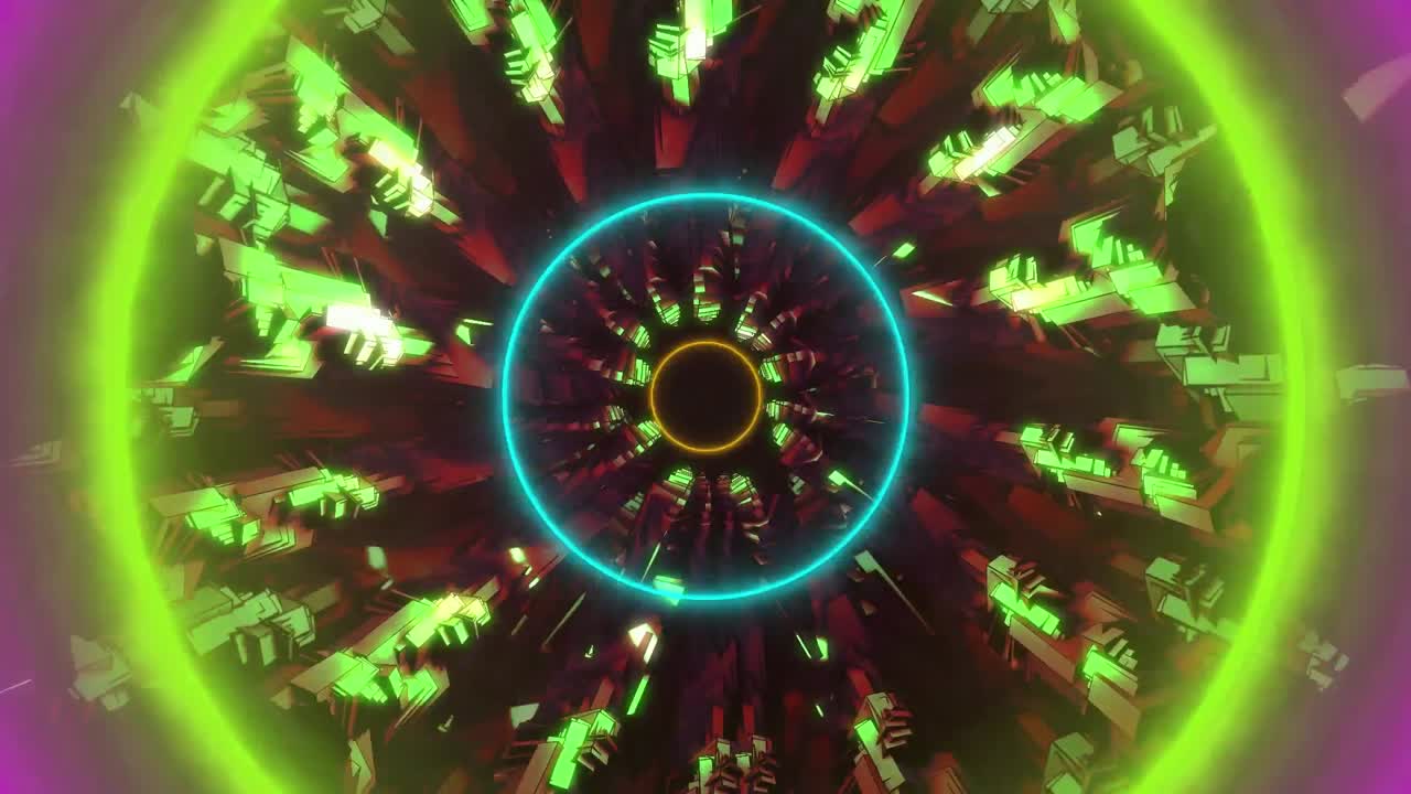 animación de anillos de carga de datos coloridos sobre formas caleidoscópicas verdes sobre un fondo negro.