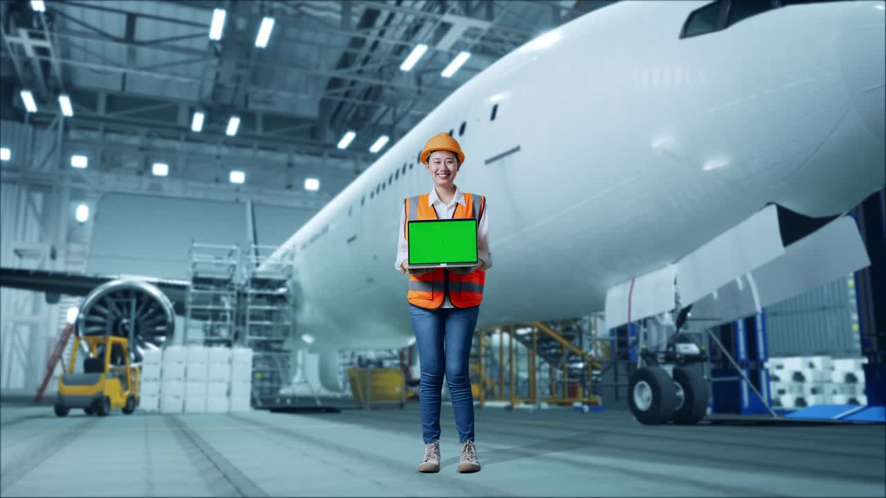 cuerpo lleno de ingeniera asiática con casco de seguridad de pie con aviones en el hangar. sonriendo y mostrando portátil de pantalla verde a la cámara mientras el mantenimiento de aviones