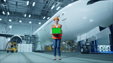cuerpo lleno de ingeniera asiática con casco de seguridad de pie con aviones en el hangar. sonriendo y mostrando portátil de pantalla verde a la cámara mientras el mantenimiento de aviones