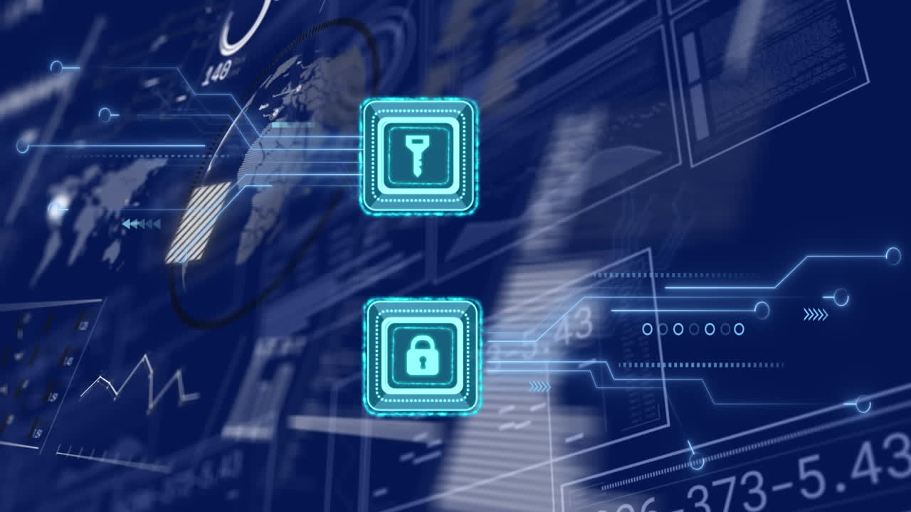 파란색 배경의 데이터 처리에 대한 인터페이스에 대한 보안 잠금과 키 아이콘의 애니메이션