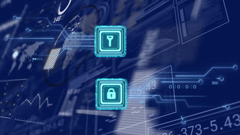 animación del candado de seguridad y el icono de la llave contra la interfaz con procesamiento de datos en fondo azul