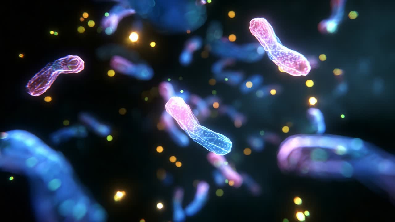 Astonishing Microscopic Scene Depicting Vibrant Bacterial Shapes in Multicolored Motion Against a Dark Background, Showcasing the Intricate Beauty of Microorganisms in Their Natural Habitat