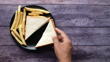 hand holding a sandwich and fries on a plate