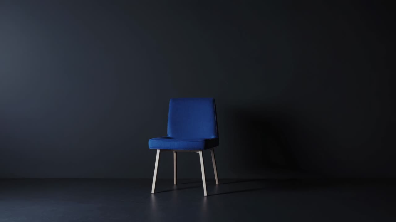 silla azul moderna cambiando sutilmente de posición dentro de un interior sombrío, creando un movimiento enigmático a través del piso gris minimalista con espectaculares focos que proyectan sombras matizadas