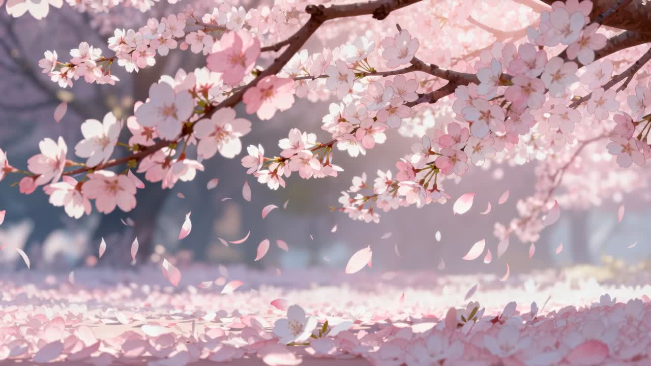 Parkta soluk pembe yapraklarını döken bir sakura dalı belirirken, hafif esinti yerdeki örtüyü dalgalandırıyor.
