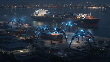 futuristic port scene with robotic spiders maneuvering cargo at night, illuminated by blue lights and surrounded by a container ship and city skyline