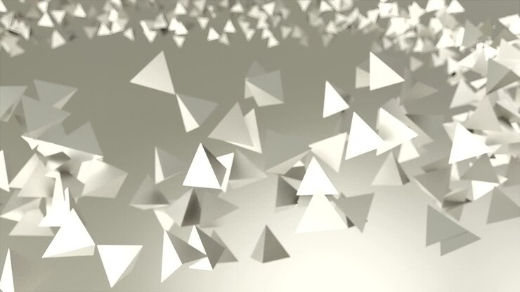 Molte piramidi caotiche di forme low poly per uno sfondo concettuale tecnologico, rendering 3D.
