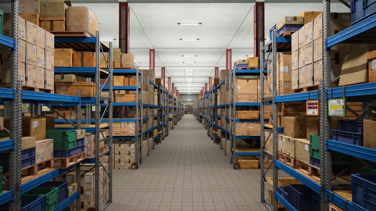 Industrial Warehouse Filled With Storage Boxes Labeled For Shipment, Distribution Center Storing Cargo For Import Export Industry