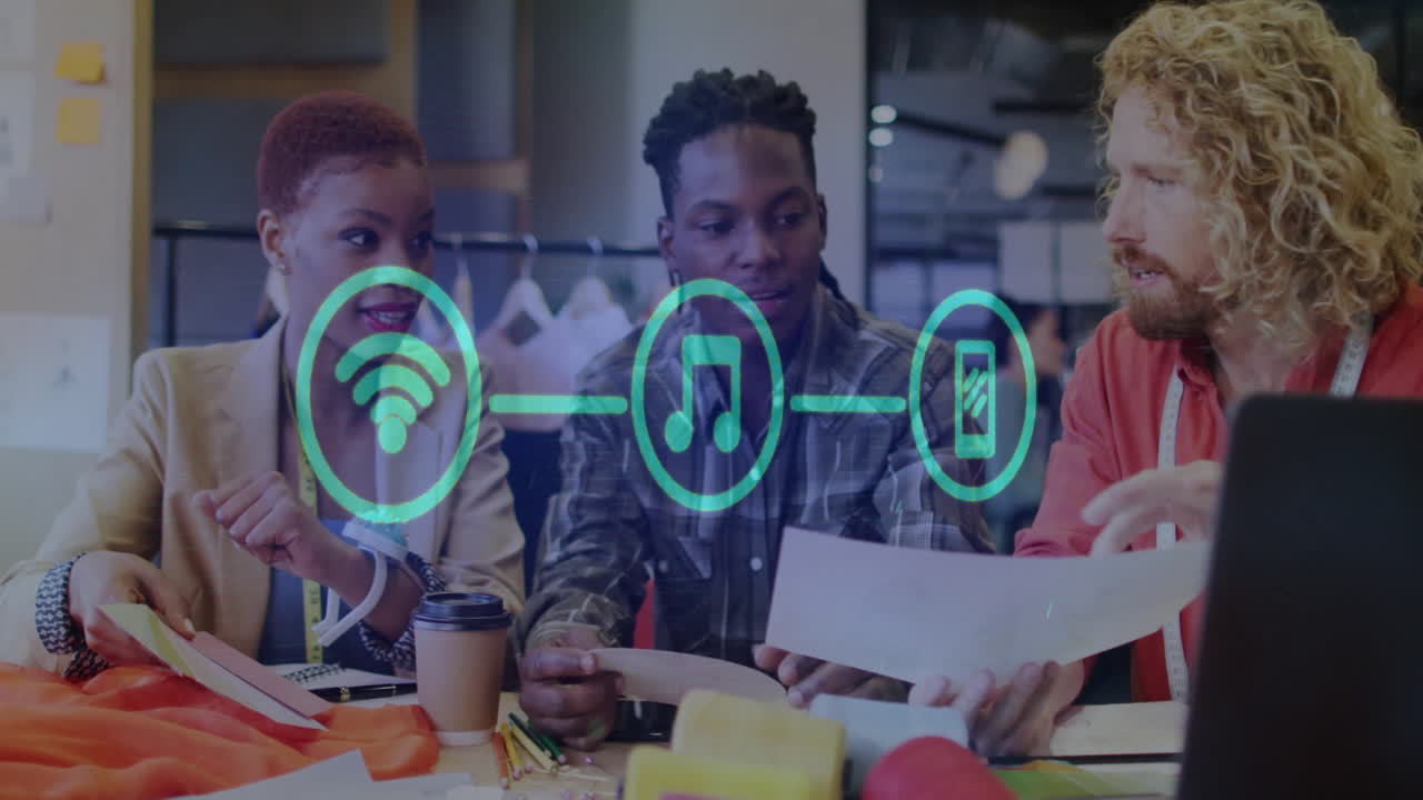 Animation of network of connections over diverse colleagues discussing work in office