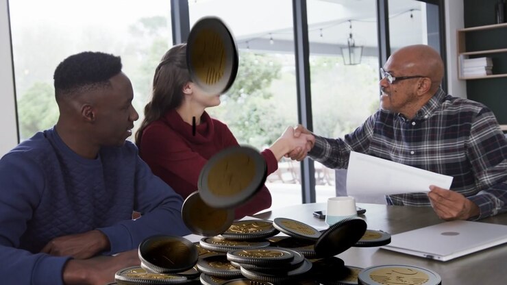 Advisor tapping laptop starting coin overlay on table as woman shaking hands closing finance deal