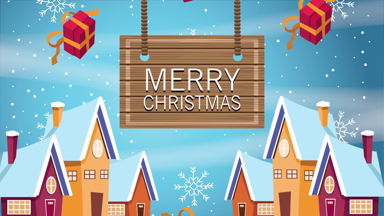 나무 라벨과 집으로 메리 크리스마스 글자 카드