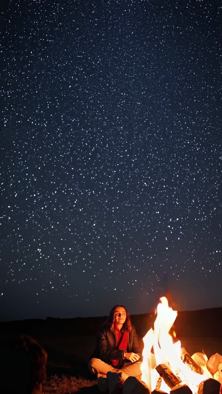 A serene night scene with a person by a campfire under a starry sky