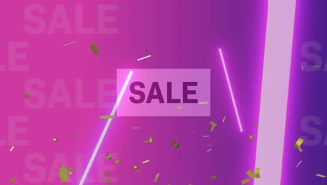 animación de texto de venta sobre confeti dorado que cae sobre un fondo púrpura y rosa