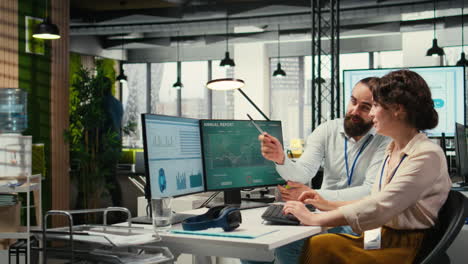 vertical video business partners engaging in a discussion about financial forecasting