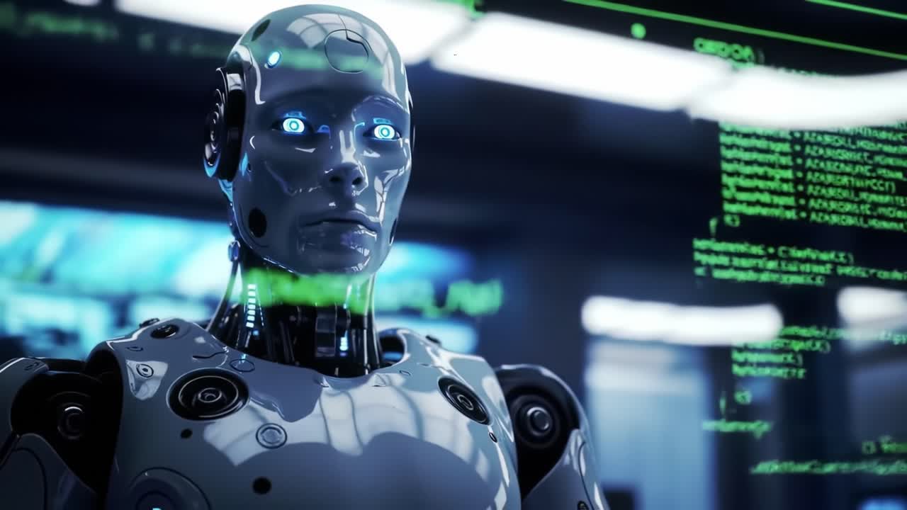 In a sleek laboratory, a humanoid robot with glowing blue eyes interacts with digital screens, showcasing advanced artificial intelligence capabilities and technology.