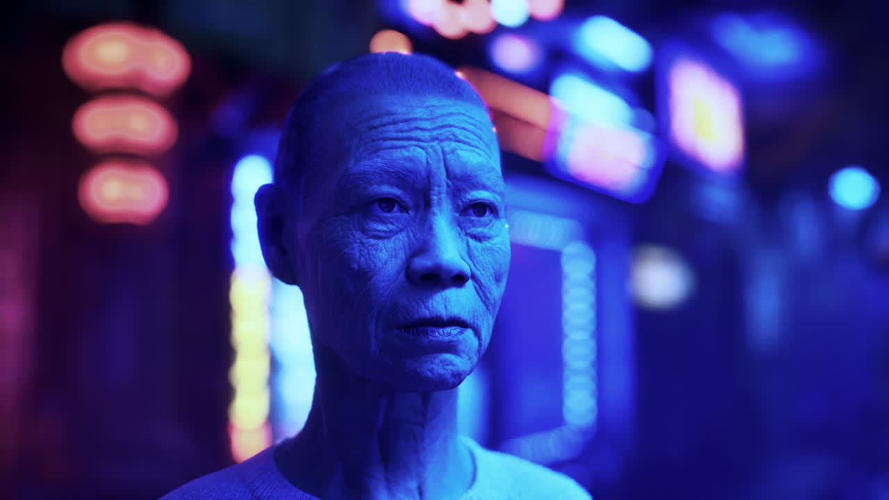 Donna giapponese anziana in una strada illuminata al neon