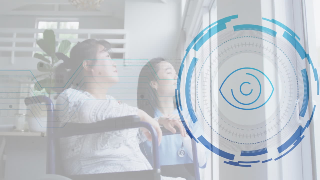 Caregiver guiding patient using wheelchair stretching near window showing medical tech eye overlay