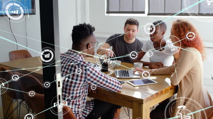 Animation of network of connections with icons over diverse business people in office