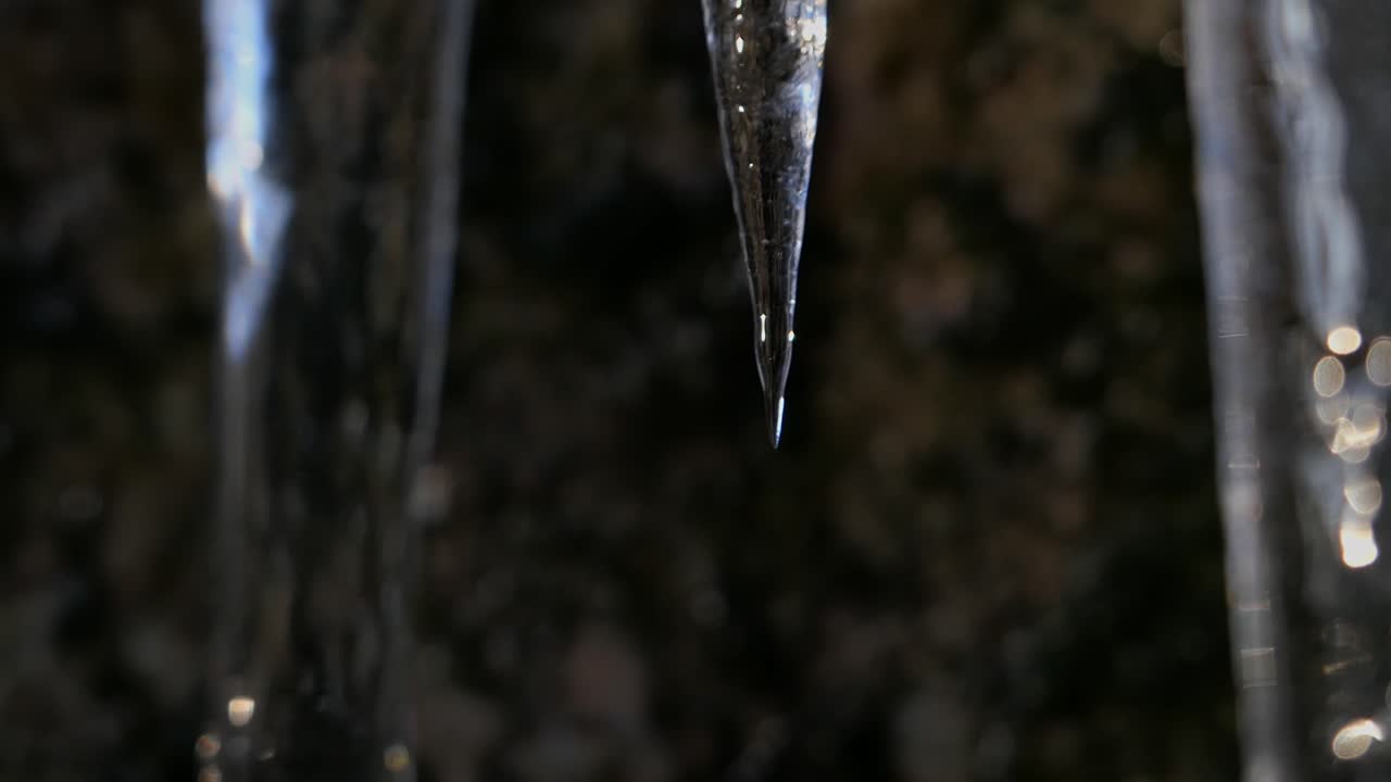 macro de derretimiento de carámbanos, hielo goteando agua invierno principios de primavera de cerca